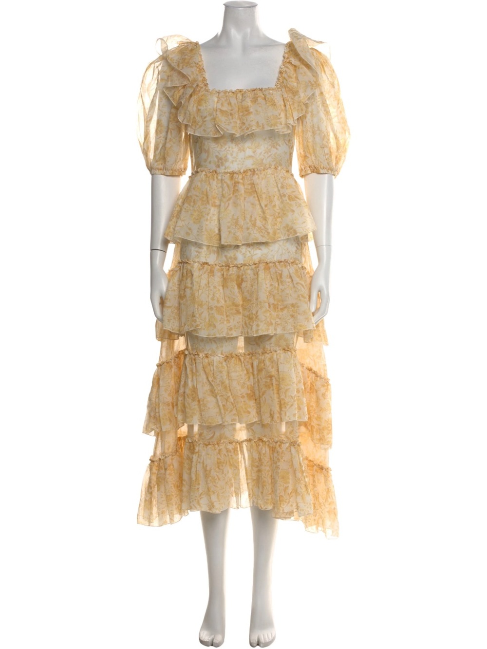 Loeffler Randall Floral Print Yellow Tiered Midi Dress Size 4